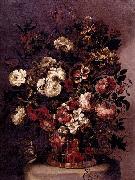 CORTE, Gabriel de la. Still-Life of Flowers in a Woven Basket oil painting artist